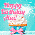 Happy Birthday Alia! Elegang Sparkling Cupcake GIF Image.