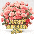 Birthday wishes to Alia with a charming GIF featuring pink roses, butterflies and golden quote