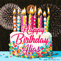 Amazing Animated GIF Image for Alias with Birthday Cake and Fireworks