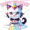 Cute cosmic cat with a birthday cake for Alice surrounded by a shimmering array of rainbow stars