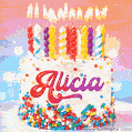 Personalized for Alicia elegant birthday cake adorned with rainbow sprinkles, colorful candles and glitter