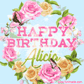 Beautiful Birthday Flowers Card for Alicia with Animated Butterflies