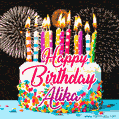 Amazing Animated GIF Image for Alika with Birthday Cake and Fireworks