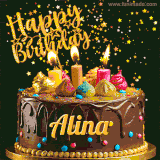 A delightful chocolate birthday cake with bright candles and 'Happy Birthday Alina' written in gold amidst a shower of animated stars.
