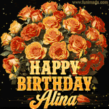 Animated bouquet of orange roses with moving butterfles and golden 'Happy Birthday Alina' text, surrounded by sparkling accents and a dark backdrop for a luxurious feel.