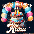 Hand-drawn happy birthday cake adorned with an arch of colorful balloons - name GIF for Alina