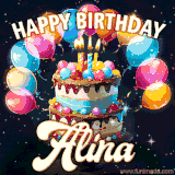 Bright birthday animation for Alina with a chocolate cake, candles, balloons, and glowing celebratory lights.