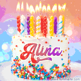 A cheerful white birthday cake with multicolor sprinkles, lit candles, and 'Alina' written in vibrant letters, in an animated GIF.