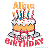 Cartoon birthday cake with a red bow, glowing candles, and 'Alina Happy Birthday' text in bold animated style.
