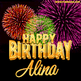 A golden 'Happy Birthday Alina' message with vibrant fireworks in the background, creating a festive and celebratory vibe in this animated name GIF.