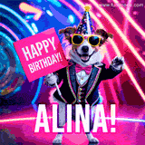 Animated GIF of a cool dog wearing a suit and sunglasses, holding a 'Happy Birthday' sign for Alina, set against a bright and colorful neon party background.