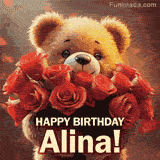 Cinematic style cute animated teddy bear with charming features holding a large bouquet of red roses, the words say 'Happy Birthday Alina' in sans serif font.