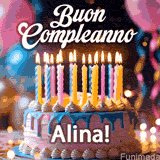 Birthday cake topped with pink and yellow lit candles, surrounded by glowing bokeh lights and party balloons. The greeting 'Buon Compleanno Alina GIF!' is displayed.