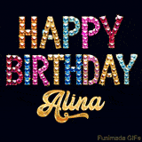 Vibrant luxury birthday greeting card for Alina, showing glittering gemstone letters and golden calligraphy on a dark background with twinkling shine effects.