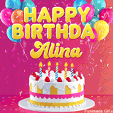 Pink-themed animated greeting with balloons, confetti, and a frosted cake under the message 'Happy Birthday Alina' in bold rounded yellow font.