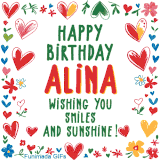 A colorful animated card for Alina’s birthday featuring playful hearts, cheerful flowers, and a handwritten message wishing smiles and sunshine.