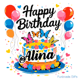 An animated birthday card for Alina. It features a festive cake with her name, 'Alina', and colorful butterflies. Floating balloons and hearts complete the joyful scene.