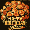 Beautiful bouquet of orange and red roses for Alisa, golden inscription and twinkling stars