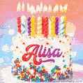 Personalized for Alisa elegant birthday cake adorned with rainbow sprinkles, colorful candles and glitter