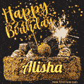 Celebrate Alisha's birthday with a GIF featuring chocolate cake, a lit sparkler, and golden stars
