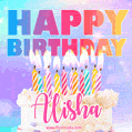 Animated Happy Birthday Cake with Name Alisha and Burning Candles