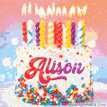 Personalized for Alison elegant birthday cake adorned with rainbow sprinkles, colorful candles and glitter