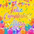 A bright and festive GIF with the text 'Feliz Cumpleaños Alissa' in Spanish in colorful fonts, surrounded by confetti, balloons, and festive banners on a vibrant yellow background.