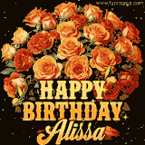 Animated bouquet of orange roses with moving butterfles and golden 'Happy Birthday Alissa' text, surrounded by sparkling accents and a dark backdrop for a luxurious feel.