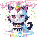 Cute cosmic cat with a birthday cake for Alivia surrounded by a shimmering array of rainbow stars