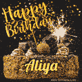 Celebrate Aliya's birthday with a GIF featuring chocolate cake, a lit sparkler, and golden stars