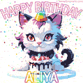 Cute cosmic cat with a birthday cake for Aliya surrounded by a shimmering array of rainbow stars