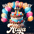 Hand-drawn happy birthday cake adorned with an arch of colorful balloons - name GIF for Aliya