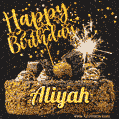 Celebrate Aliyah's birthday with a GIF featuring chocolate cake, a lit sparkler, and golden stars