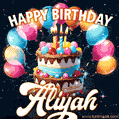 Hand-drawn happy birthday cake adorned with an arch of colorful balloons - name GIF for Aliyah