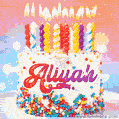 Personalized for Aliyah elegant birthday cake adorned with rainbow sprinkles, colorful candles and glitter