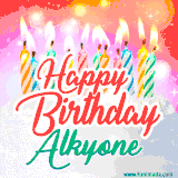Bright birthday candles with rainbow flames on a cake, alongside the text 'Happy Birthday Alkyone' in vibrant script in this celebratory animated GIF.