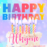 A vibrant animated name GIF with the words 'Happy Birthday Alkyone' with colorful candles on a creamy cake. The background sparkles with pastel shades, adding a festive touch.