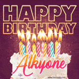 A colorful birthday cake topped with lit candles, with the words 'Happy Birthday Alkyone' in bold glowing letters on a burgundy background. Animated flames add a festive touch.