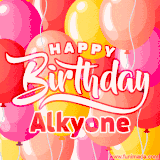 A vibrant name GIF featuring colorful balloons in shades of pink, orange, and yellow with the bold text 'Happy Birthday Alkyone' in festive fonts, creating a lively birthday vibe.
