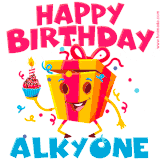 A vibrant and funny gift box character with a happy face dancing with a cupcake and the text 'Happy Birthday Alkyone,' surrounded by animated confetti and party vibes.