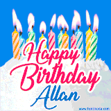 A cheerful animated GIF featuring colorful lit birthday candles on a white cake, with the text 'Happy Birthday Allan' in bold red and blue script on a bright blue background.