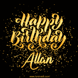 Animated GIF with colorful, festive 'Happy Birthday Allan' text decorated with patterns, a party hat, and falling confetti. A vibrant and cheerful design for birthday celebrations.