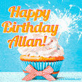 A cheerful animated GIF of a cupcake with creamy frosting, a red checkered ribbon, and a bright sparkler on top. The text 'Happy Birthday Allan!' is displayed in vibrant orange and red.
