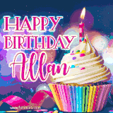 A festive animated GIF featuring a colorful cupcake with a single lit candle, sprinkles, and 'Happy Birthday Allan' text against a sparkling, celebratory background.