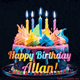 A vibrant animated GIF featuring a colorful rotating birthday cake with bright frosting swirls, glowing candles, and the text 'Happy Birthday Allan!' in rainbow colors.