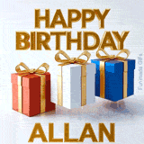 Happy Birthday Allan written in bold 3D golden text with three colorful gift boxes in red, white, and blue bouncing up and down