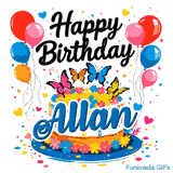 A festive white cake on a blue plate with the name Allan, framed by colorful balloon bouquets and small hearts.