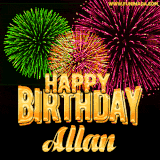A captivating GIF with bursts of green, pink, and orange fireworks lighting up the night sky, accompanied by 'Happy Birthday Allan' in glowing golden text.