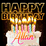 A vibrant animated GIF featuring a delicious birthday cake topped with glowing candles and the name 'Allan' in elegant script, and the words 'Happy Birthday' on the black background.