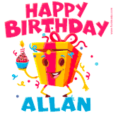A funny animated birthday GIF with the words 'Happy Birthday Allana', colorful gift box with arms and legs, holding a cupcake with a lit candle  with confetti everywhere.